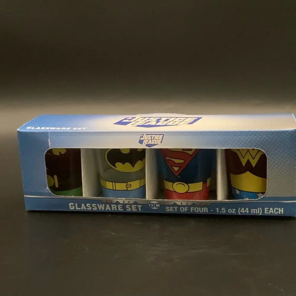 NEW DC Justice League Glassware Set of 4 Shot Glasses 1.5oz Batman Superman